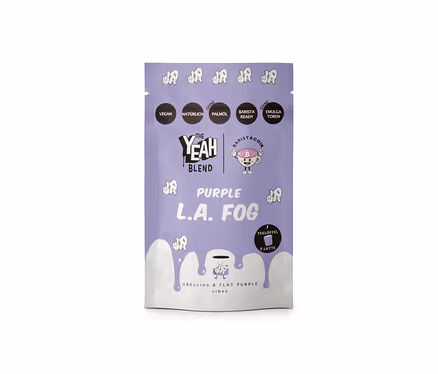Lila-weißer Beutel "The Yeah Blend - Purple L.A. Fog x Ube - 100 g" mit Aufschriften wie "Vegan", "Ohne Palmöl" und "Barista Ready".