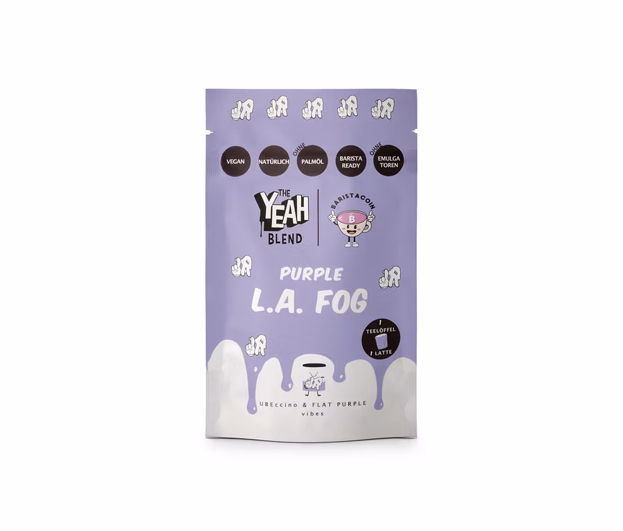 Lila-weißer Beutel "The Yeah Blend - Purple L.A. Fog x Ube - 100 g" mit Aufschriften wie "Vegan", "Ohne Palmöl" und "Barista Ready".