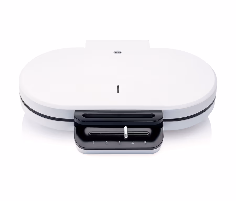 Detailansicht des weißen WILFA Waffeleisens »TRADITION DOUBLE WDWA-516W«.