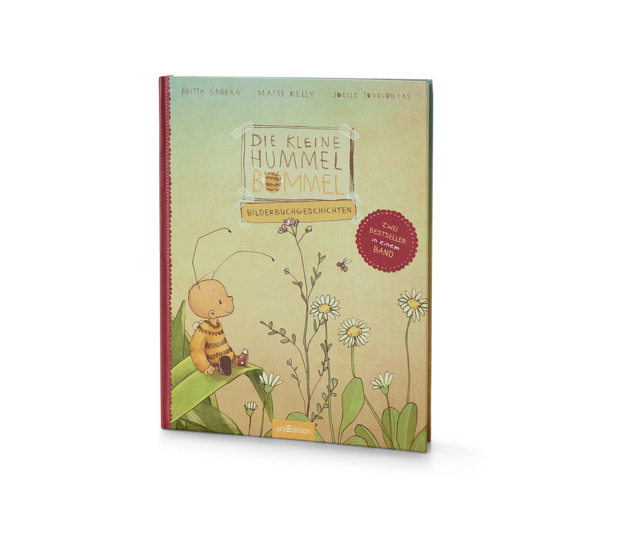 Illustration des Buches »Die kleine Hummel Bommel – Bilderbuchgeschichten« zeigt eine auf einem Blatt sitzende Hummel, umgeben von Blumen.