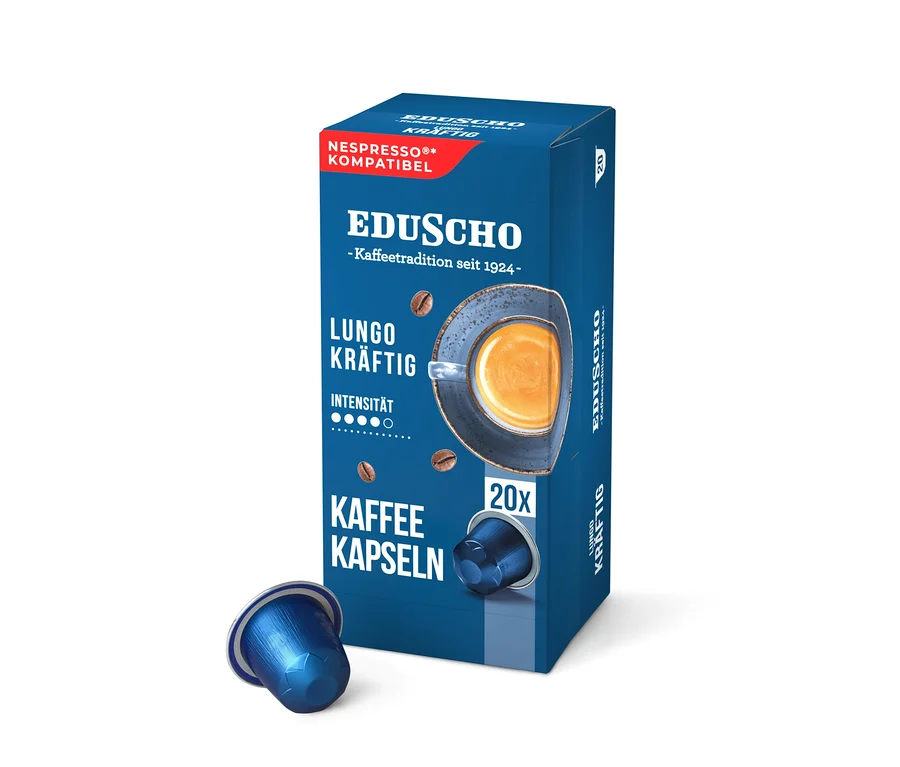 Eine blaue Schachtel Eduscho Lungo Kräftig Kaffeekapseln mit 20 Kapseln steht aufrecht, davor liegt eine einzelne blaue Kapsel.
