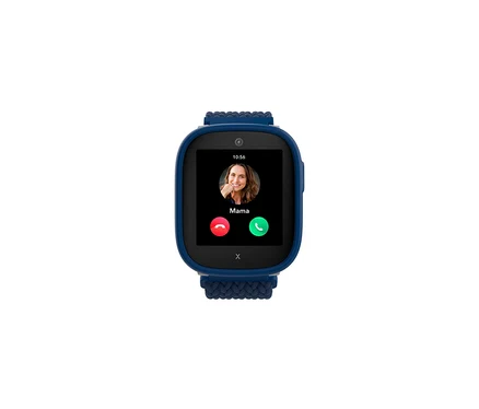 Blaue Xplora X6 Play Kids Watch, 2. Generation, zeigt einen Anruf von "Mama" mit Bild und Uhrzeit 10:56 an.
