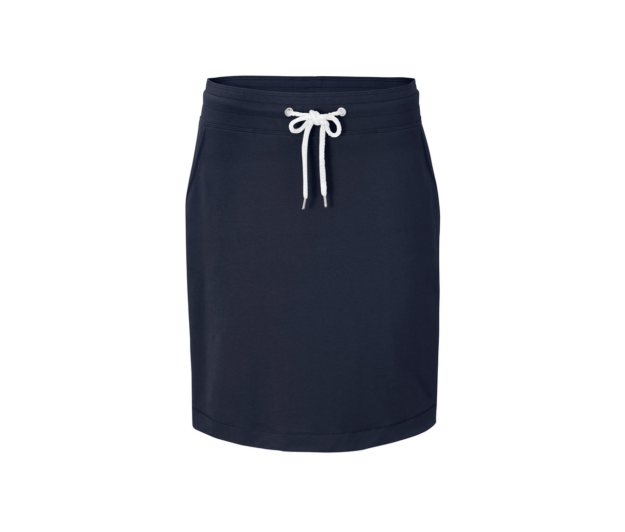 Marineblauer Jerseyrock mit weißem Kordelzug.