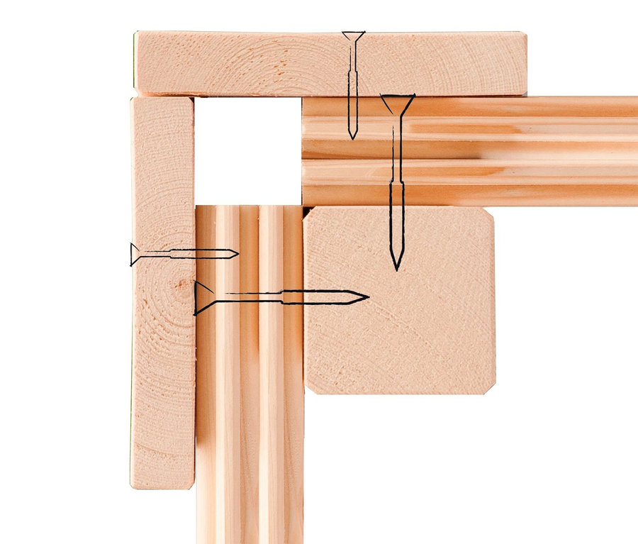 Detail einer Ecke einer Holzkonstruktion mit angedeuteten Schrauben.