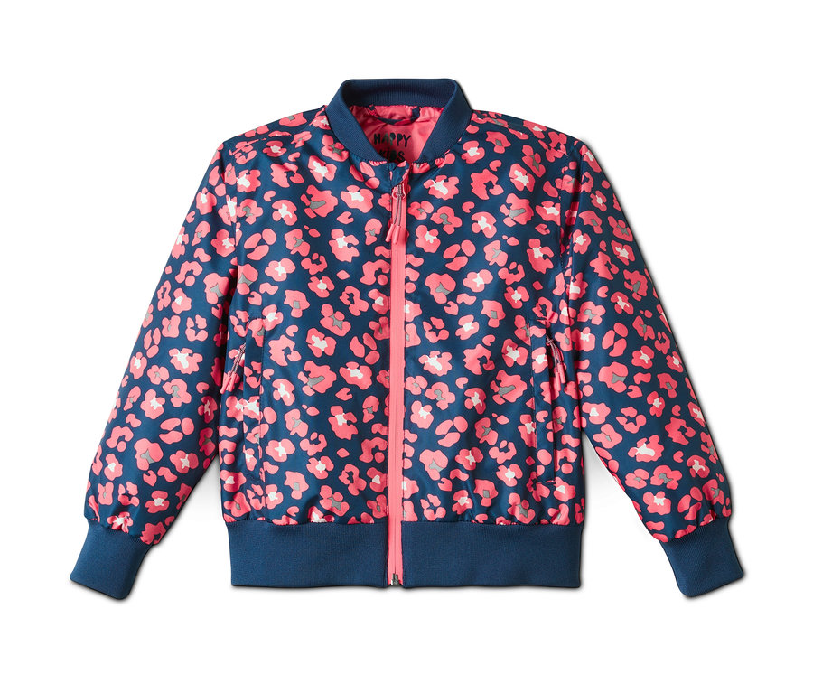 Marineblaue Allwetterjacke im Bomberjacken-Stil mit pinkem Leopardenmuster.