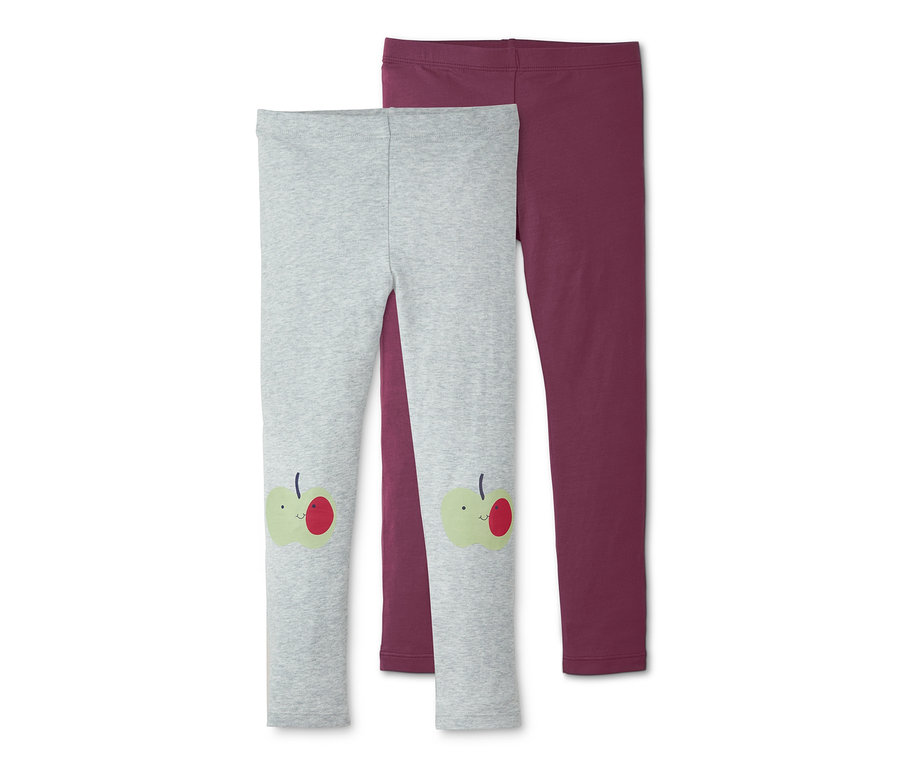 Zwei Leggings, eine graue Leggings mit Apfelapplikation und eine bordeauxrote Leggings.