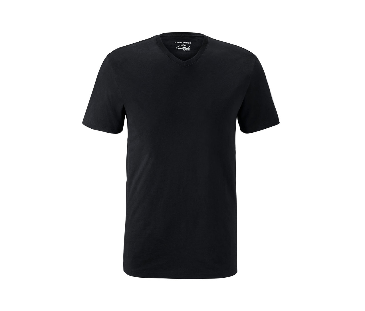 Schwarzes T-Shirt mit V-Ausschnitt.