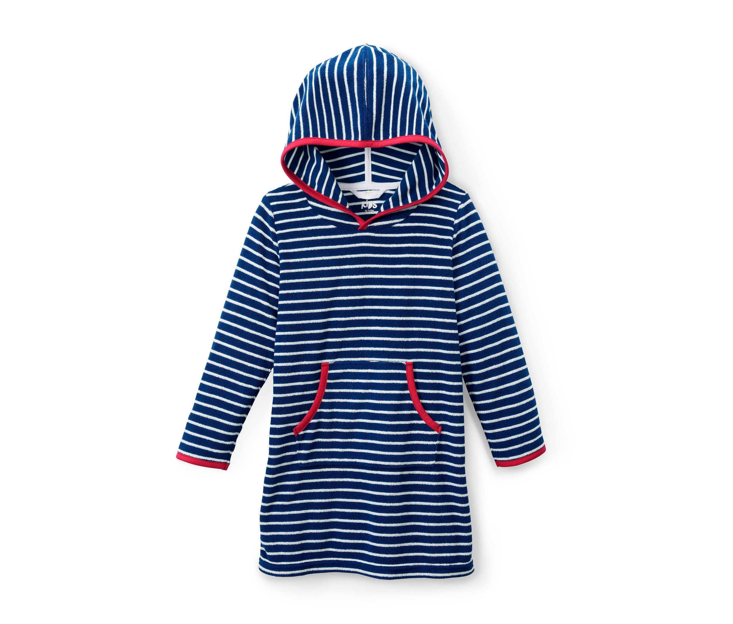 Ein blau-weiß gestreiftes Frottierkleid mit Kapuze und roter Bordüre.