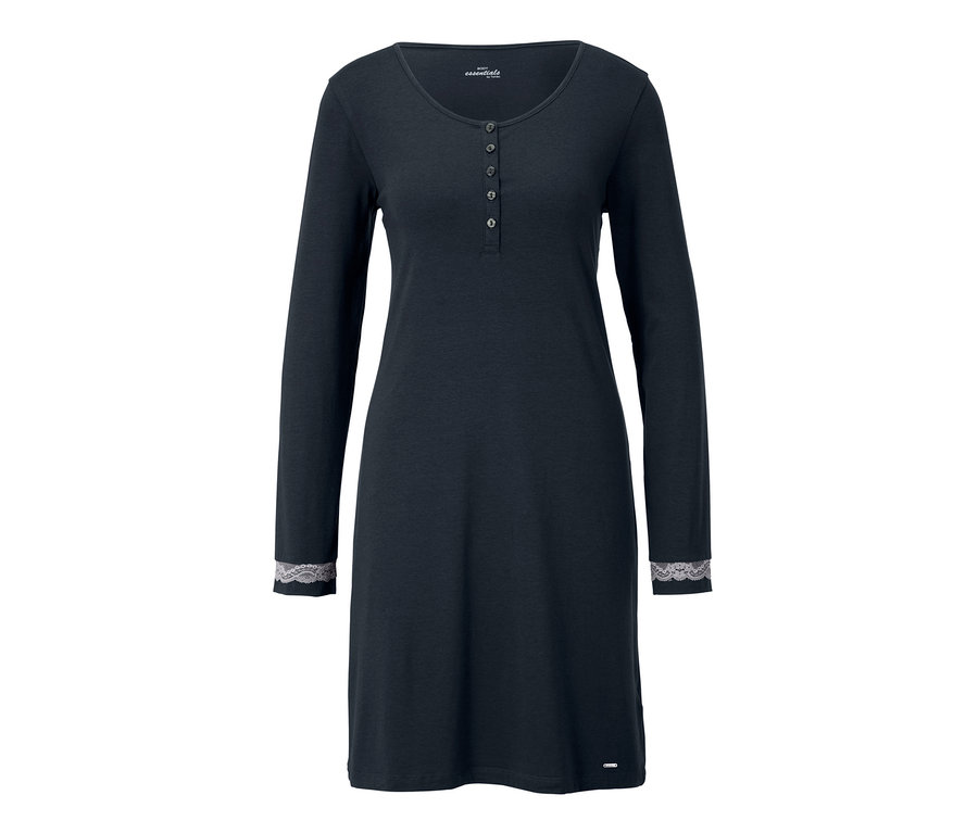 Dunkelblaues Nachthemd mit langen Ärmeln und Knopfleiste.