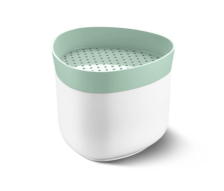 Mikrowellen-Reiskocher, weiß mit mintgrünem Deckel, auf weißem Hintergrund.