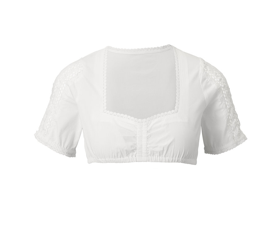 Weiße Stretch-Dirndlbluse mit kurzen Ärmeln und Spitzenbesatz.