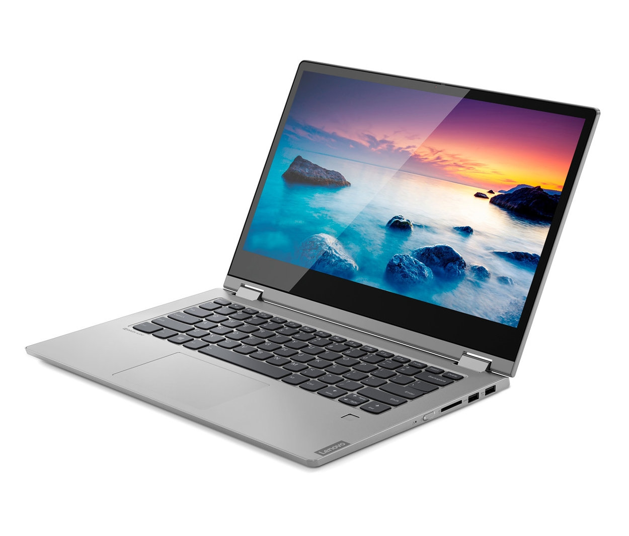 Silbernes Lenovo »C340-14IWL« 2-in-1 Convertible Notebook mit Strand-Hintergrund.