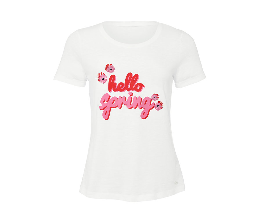 Weißes Kurzarmshirt mit Wording-Print "hello spring" und Blumen.