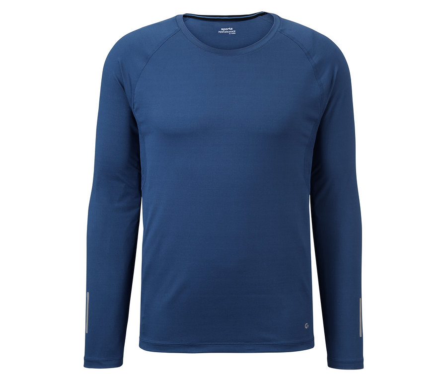 Blaues Langarm-Funktionsshirt.