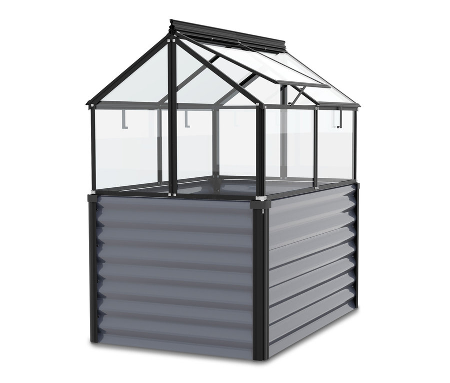 Ein dunkelgraues Hochbeet »Paris« mit Frühbeetaufsatz aus Sicherheitsglas (ESG).