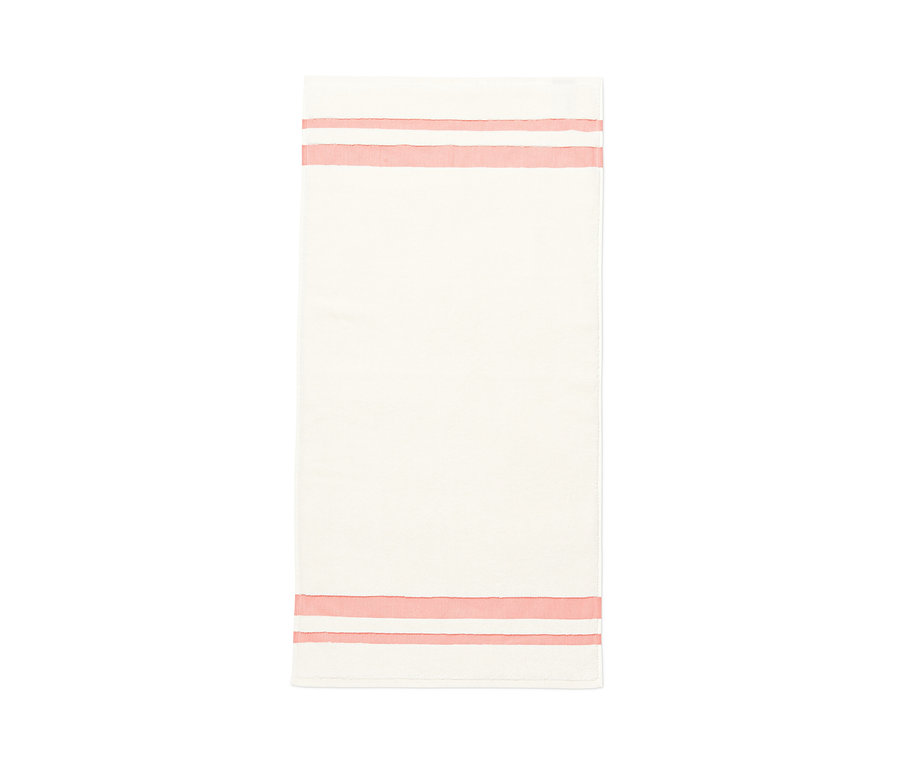 Weißes Handtuch mit apricotfarbenen Streifen oben und unten.