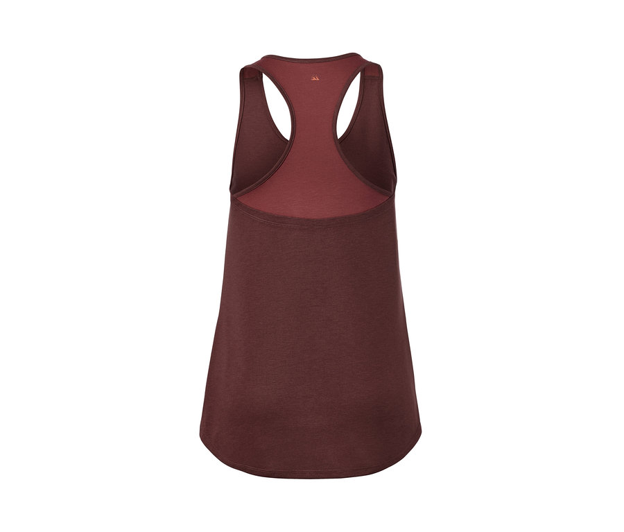 Detailansicht von hinten des 2-in-1-Sportshirts, beige meliert und dunkelrot.