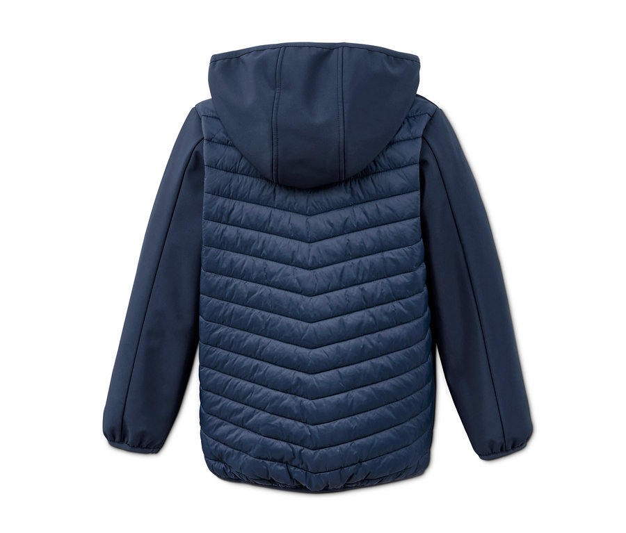 Dunkelblaue Hybrid-Softshelljacke aus recyceltem Material von hinten.