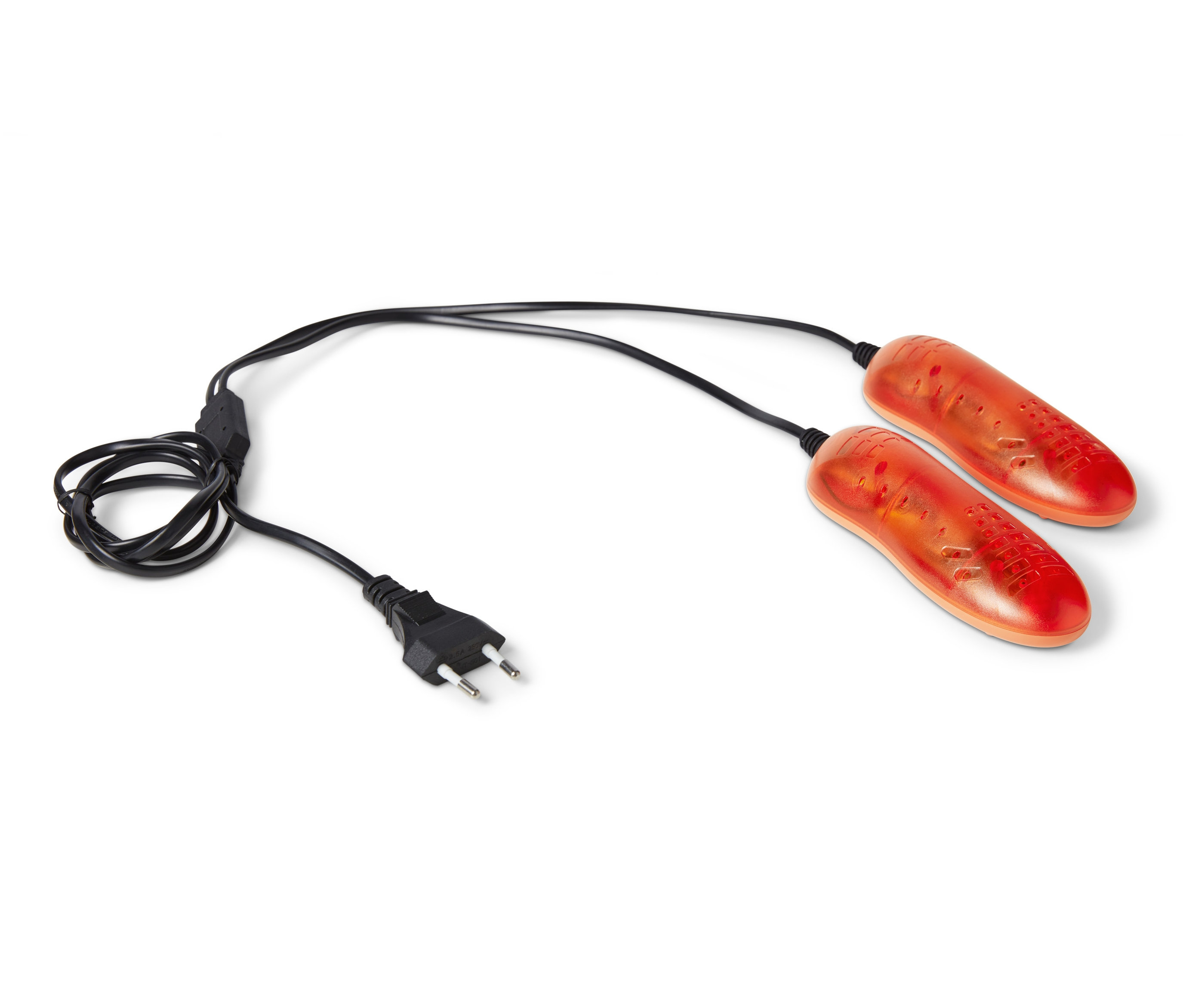 Ein Schuhtrockner und -wärmer 2er-Set mit schwarzem Stromkabel und Stecker.