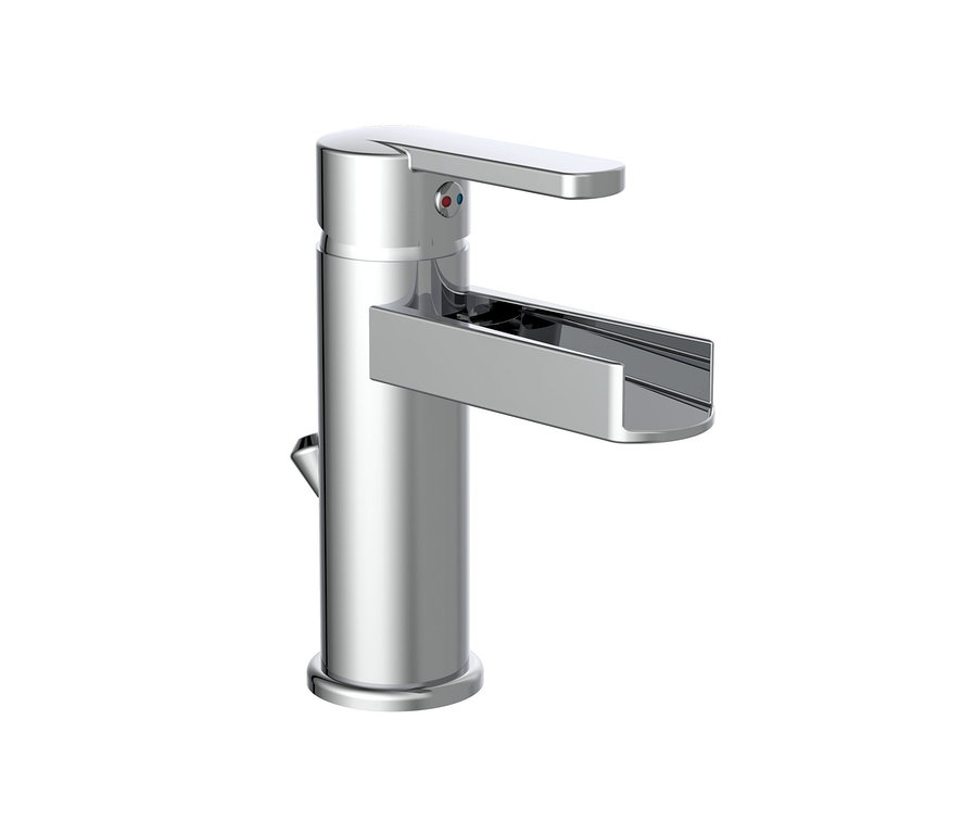 Eine einzelne, glänzende Schütte-Waschtischarmatur »NIAGARA« vor einem weißen Hintergrund.