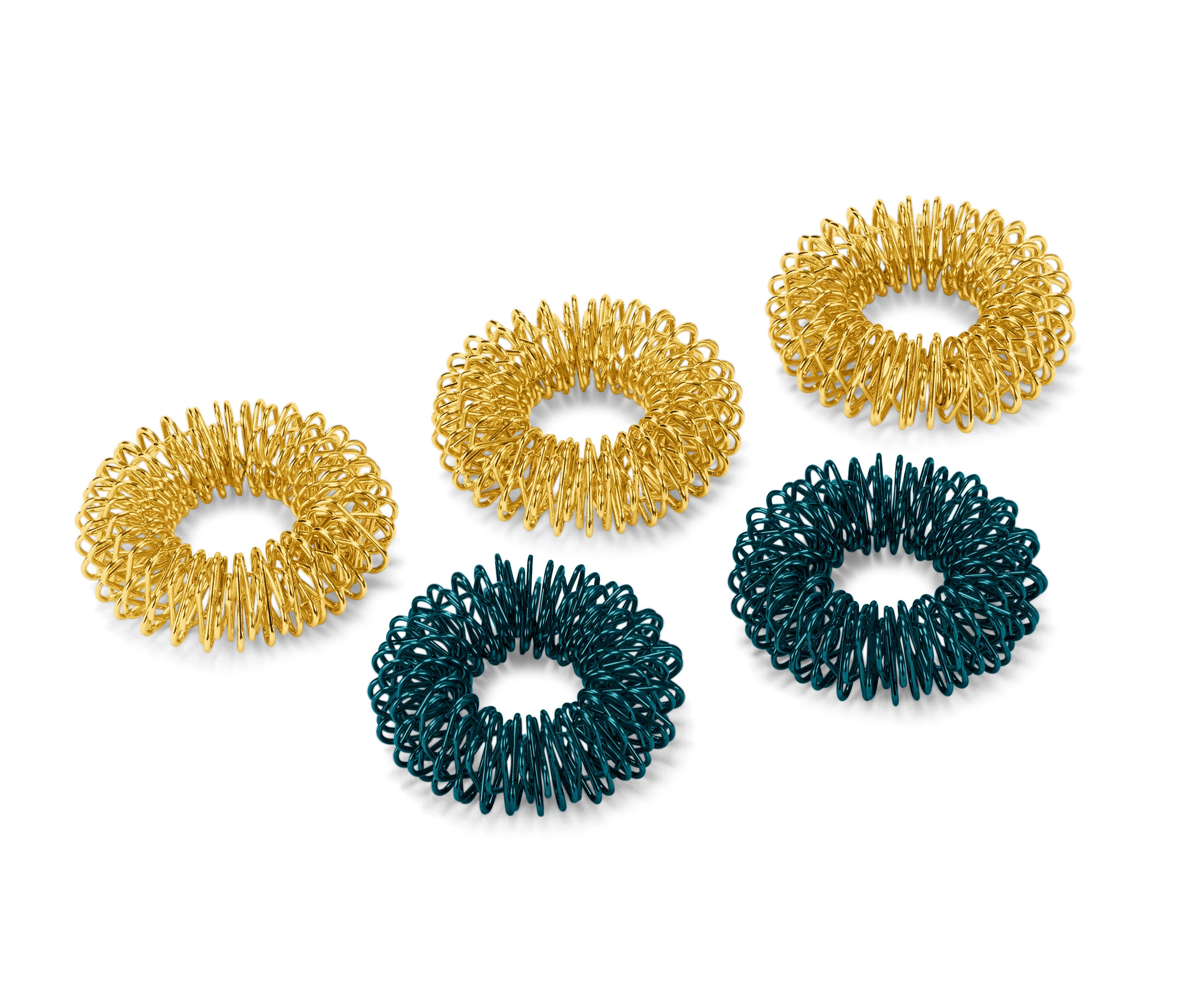 Fünf Finger-Massageringe in Gold und Blau auf einem weißen Hintergrund.