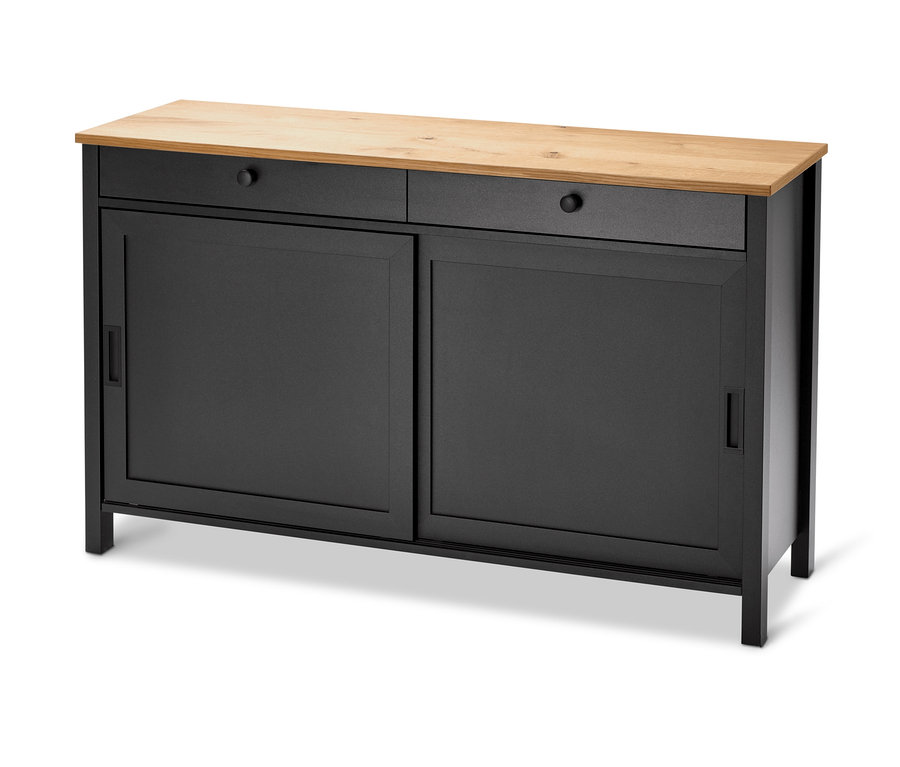 Schwarze Anrichte mit Schiebetüren und heller Holzplatte.