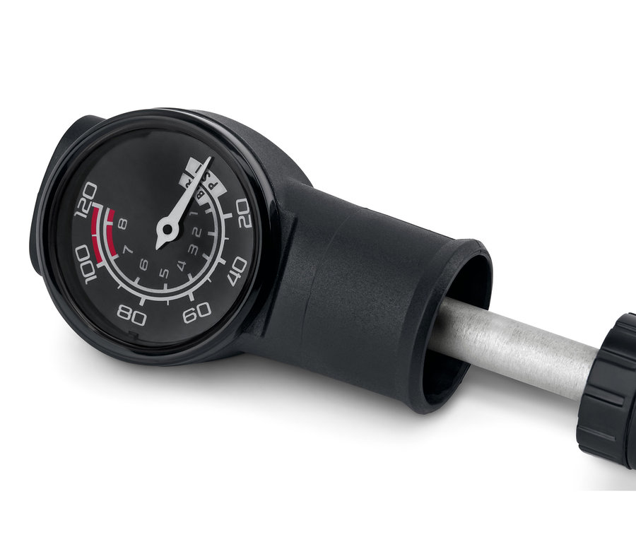 Detailaufnahme einer 2-Wege-Minipumpe mit Manometer.