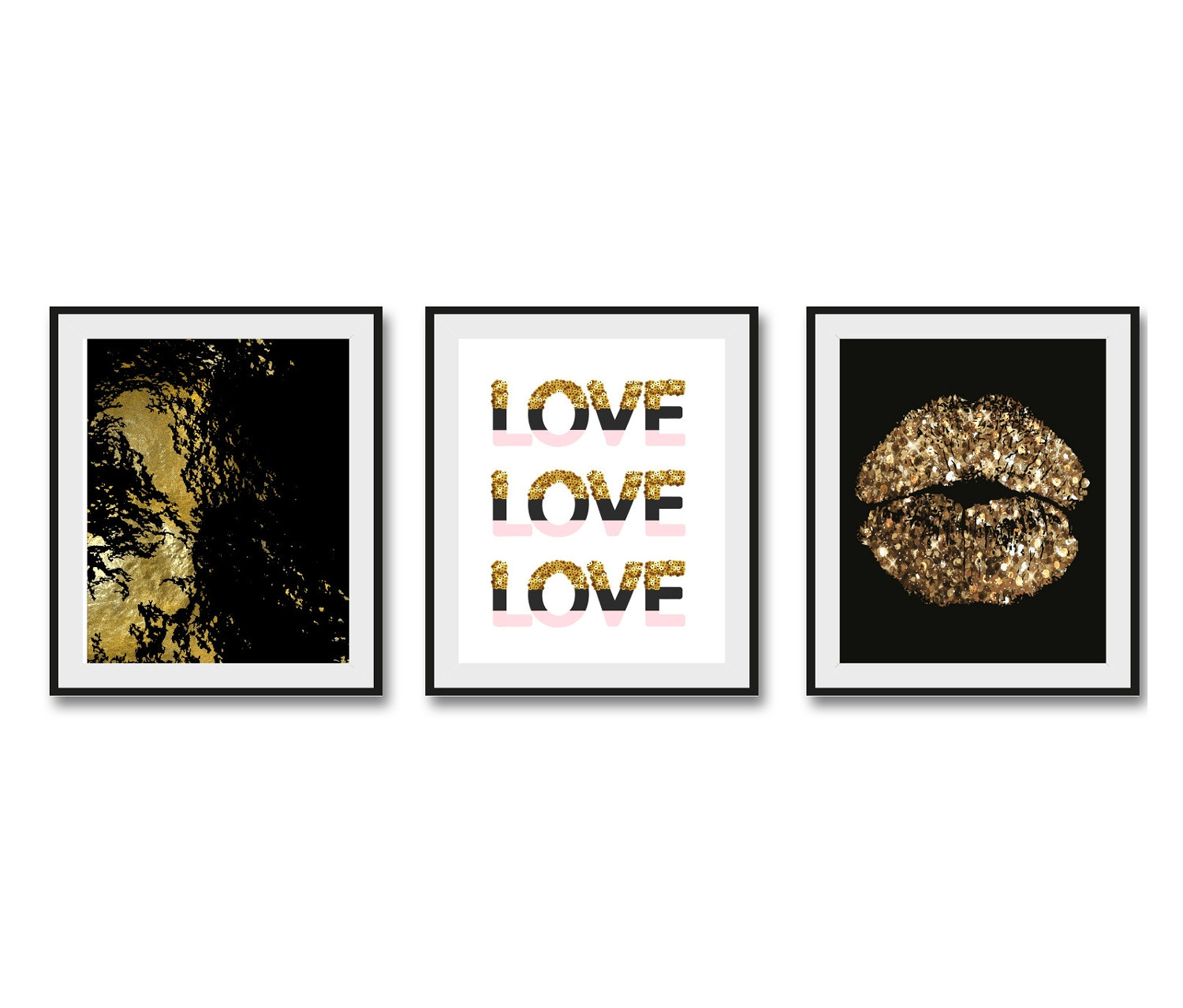 Schwarz gerahmte Bilder zeigen eine goldene Abstraktion, den Schriftzug LOVE und goldene Lippen.