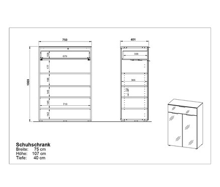 Diagramm des Germania-Schuhschranks »GW-Rimini« mit Abmessungen.