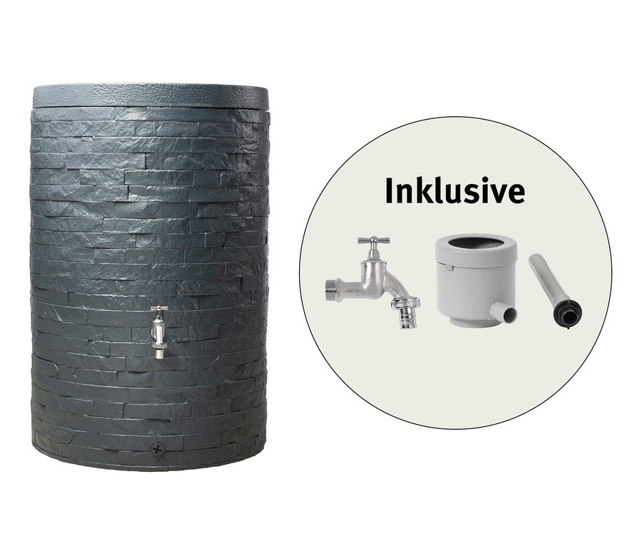 Graue Garantia Regentonne-Komplett-Set »Muro« mit Wasserhahn und Zubehör.