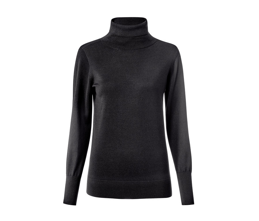 Ein schwarzer Rollkragenpullover auf weißem Hintergrund.