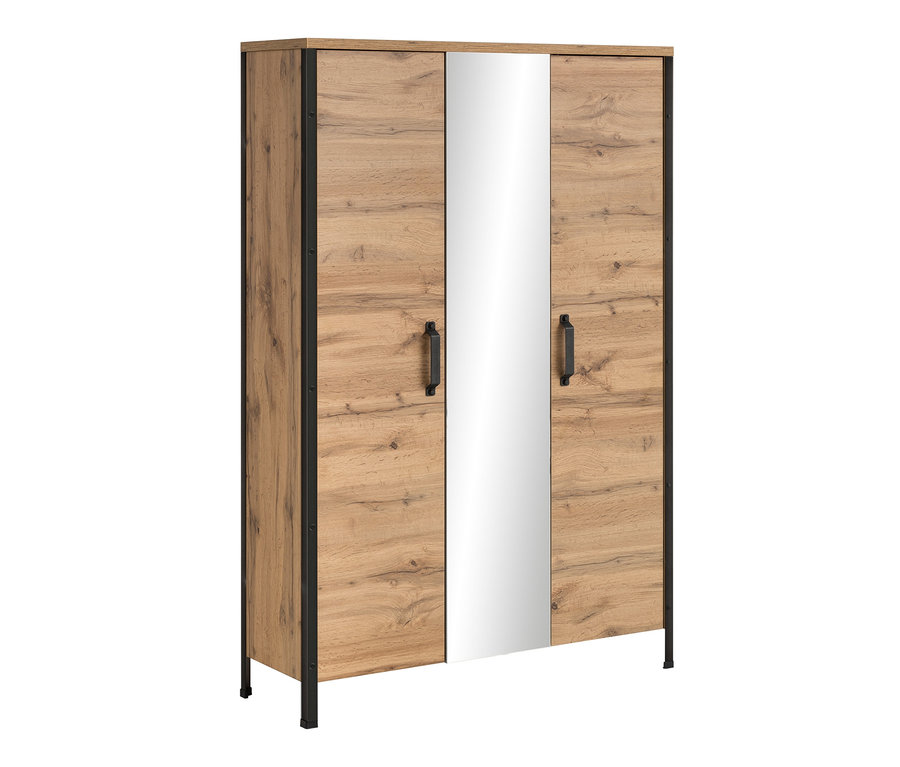 Dreitüriger Schildmeyer-Schuhschrank »Hako H1060« mit Holzdekor und Spiegel in der Mitte.