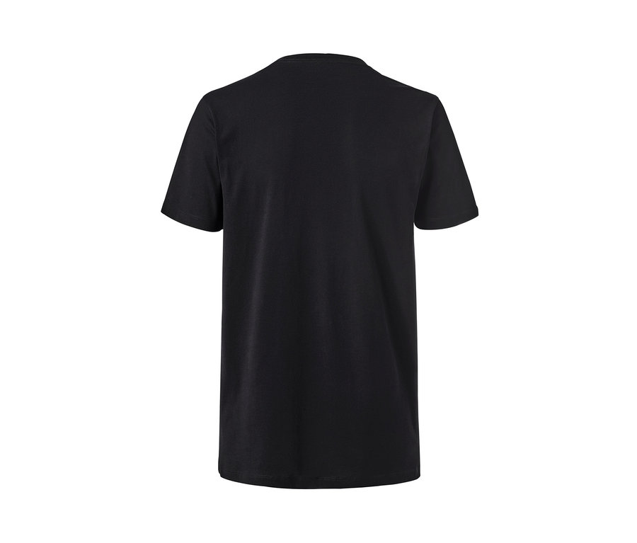 Ein schwarzes T-Shirt mit kurzen Ärmeln und Rundhalsausschnitt.