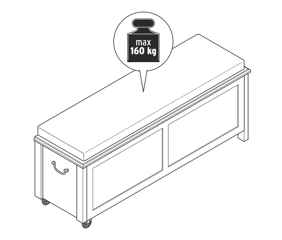 Abbildung einer Sitzbank mit Truhenfunktion, maximale Traglast 160 kg.