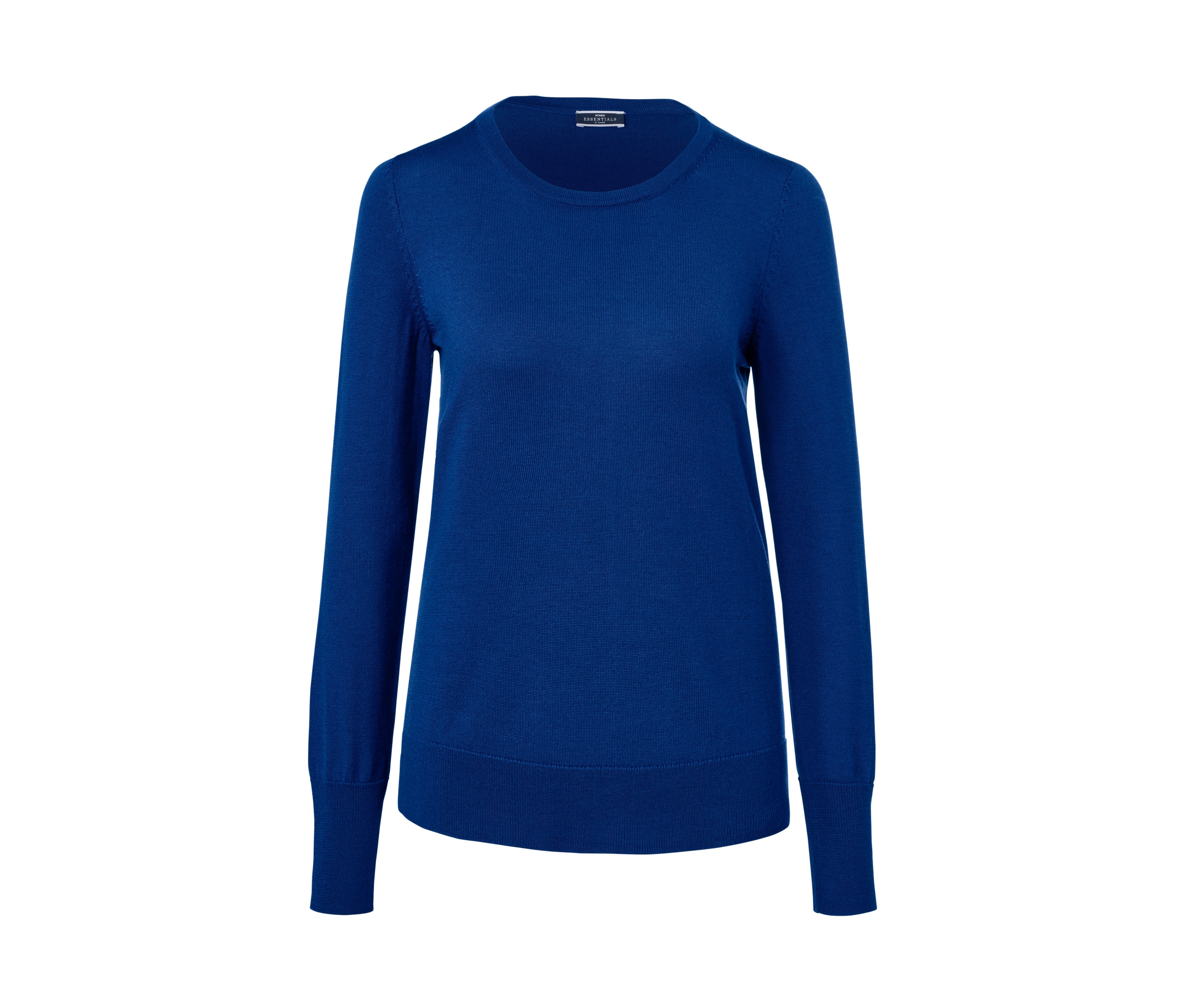 Blauer Feinstrickpullover mit Merinowolle.