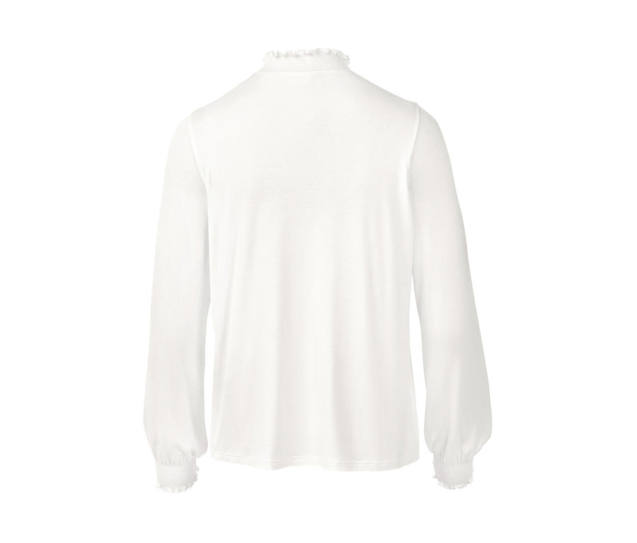 Weißes Blusenshirt mit Stehkragen von hinten.