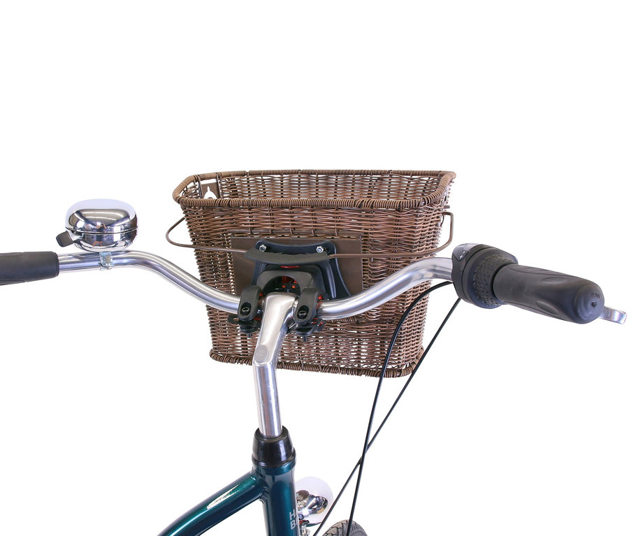Nahaufnahme des Lenkers eines HAWK Bikes Cityrads »City Classic Joy British Green« mit Korb und Klingel.