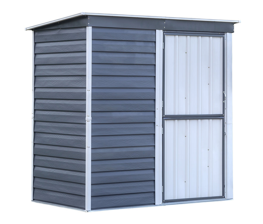 Graues Metallgerätehaus mit einer weißen Tür.