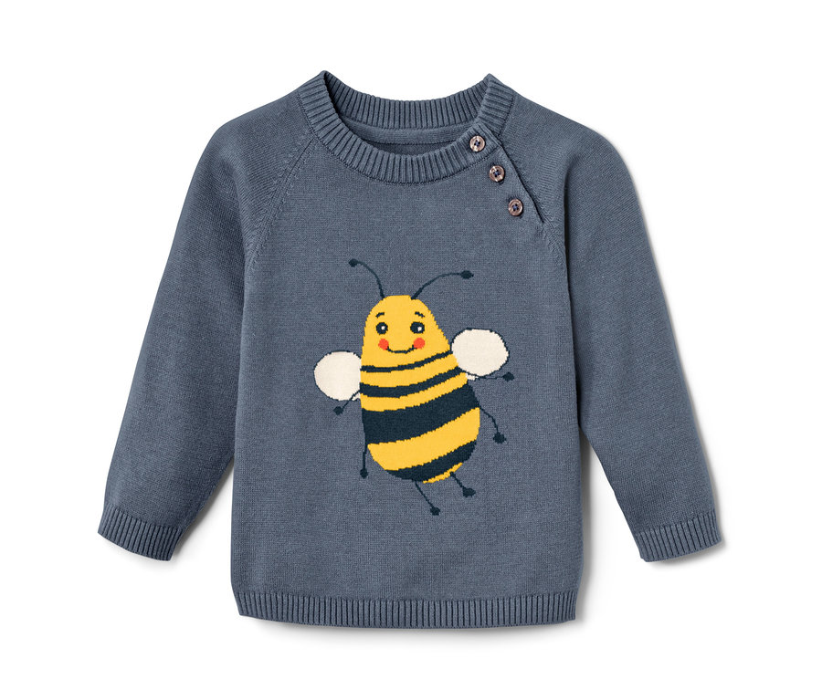 Blauer Kleinkinder-Feinstrickpullover mit einer gelben Biene.
