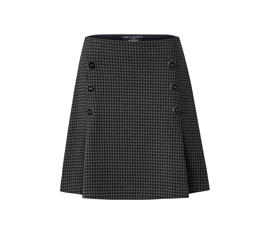 Ein Jerseyrock mit Knöpfen im Hahnentrittmuster.