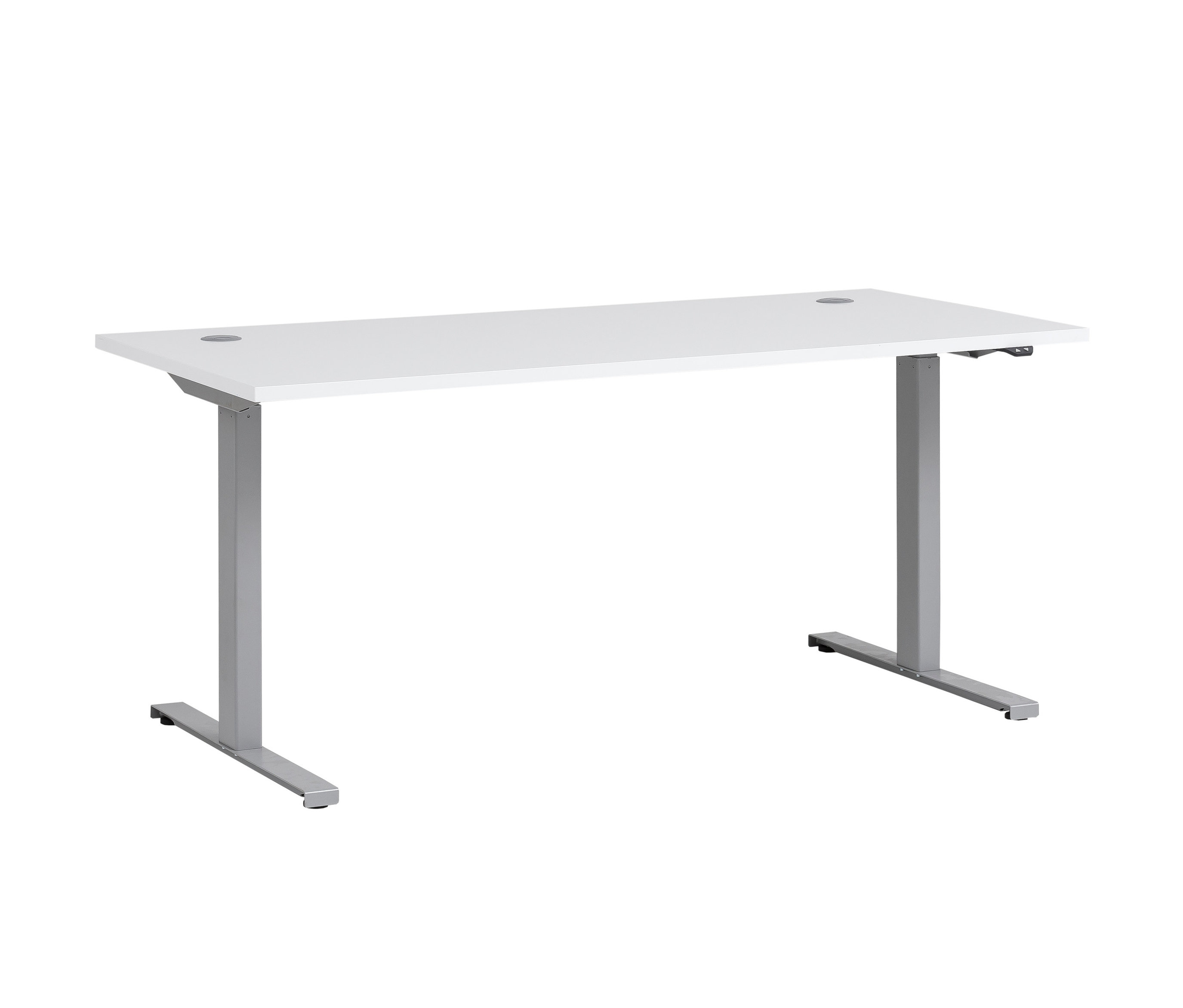 Ein weißer, elektrisch höhenverstellbarer Schreibtisch mit grauen Beinen.