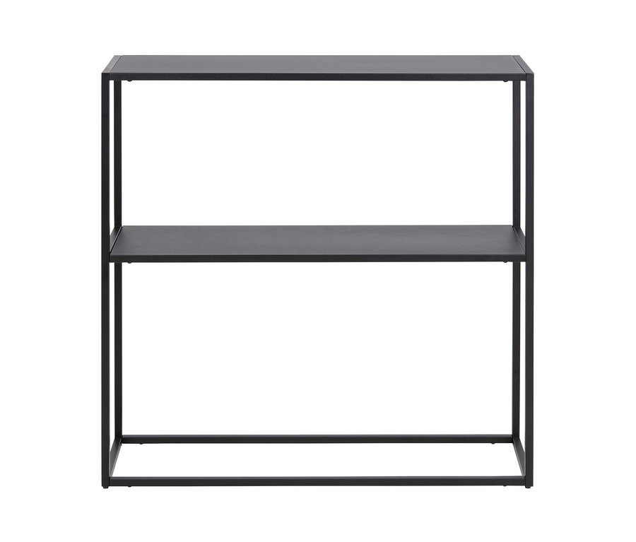 Schwarzes Regal mit zwei Ebenen.