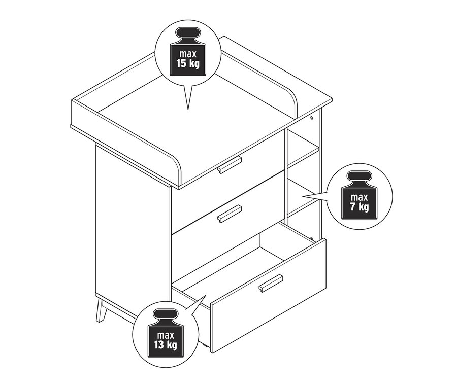 Skizze einer Wickelkommode mit offener Schublade.