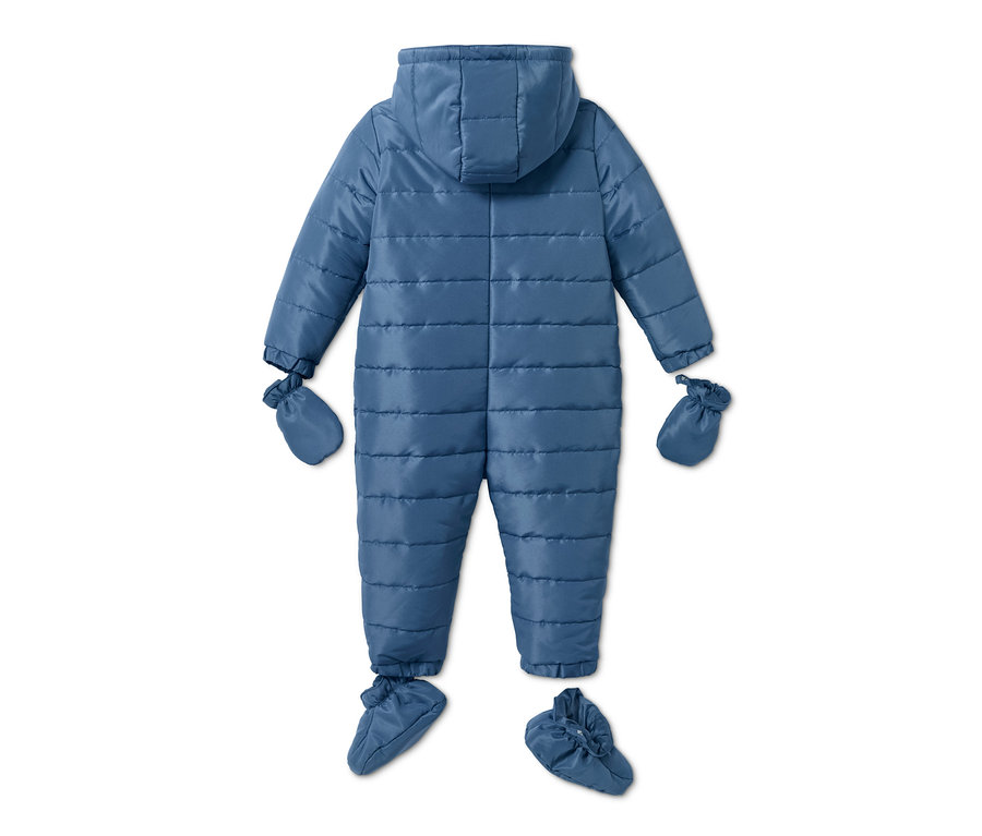 Blauer Baby-Winteroverall mit Kapuze, Handschuhen und Füßlingen.