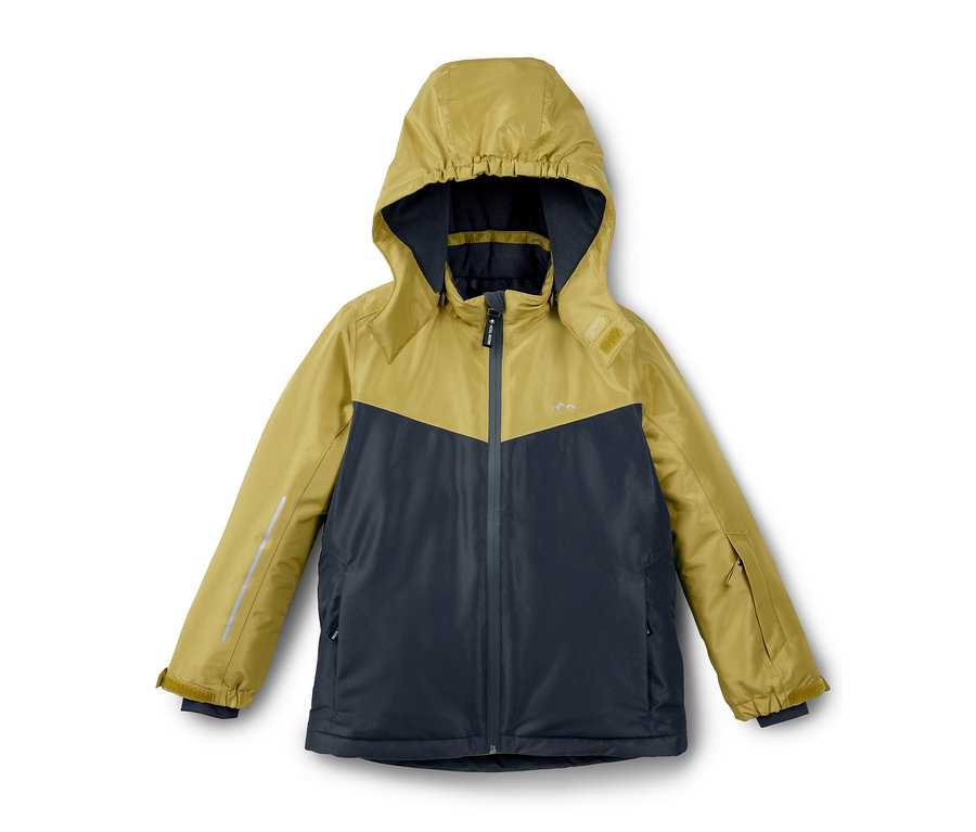 Jungen-Skijacke in Senfgelb und Dunkelblau.