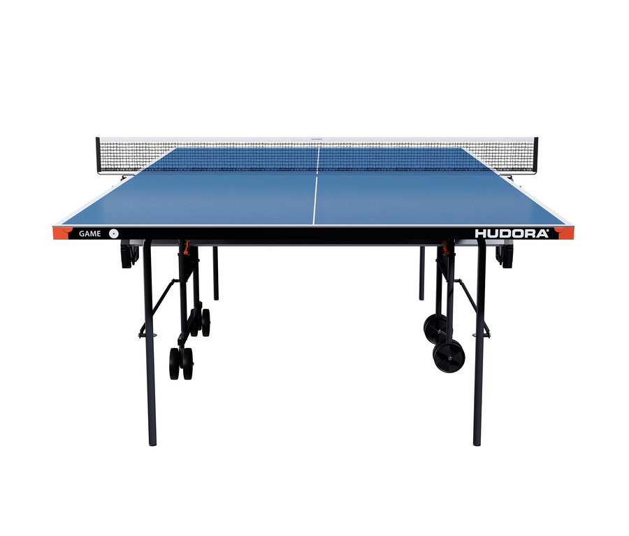 Blauer Tischtennistisch mit schwarzem Rahmen und Netz in der Mitte. Zu sehen ist die HUDORA Tischtennisplatte »Game«.