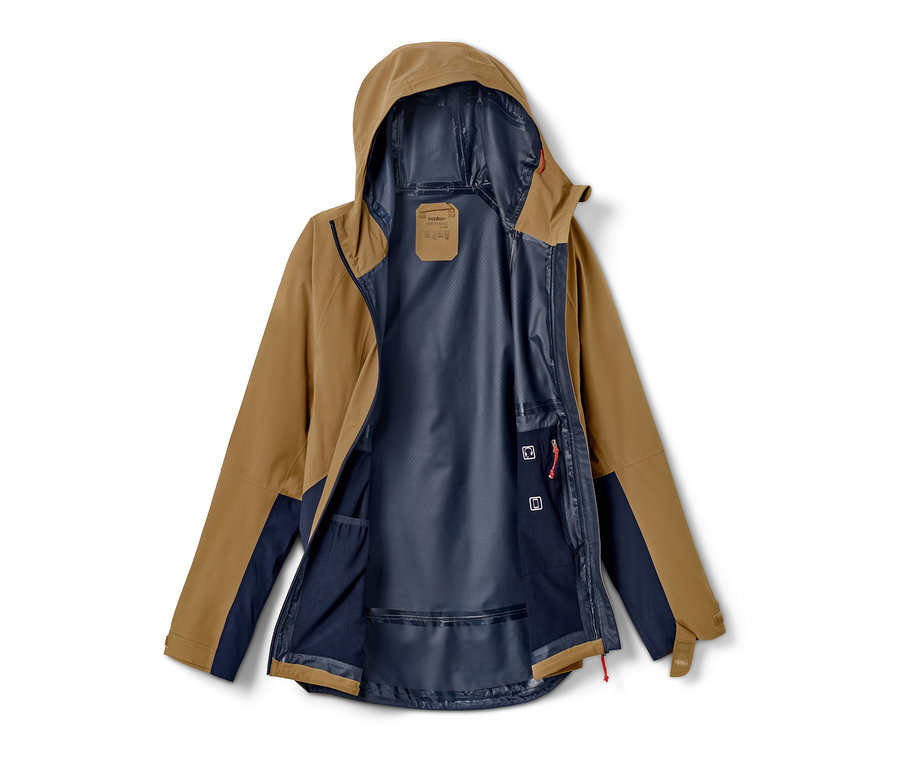 Offene Hardshell-Outdoorjacke in Braun und Dunkelblau.