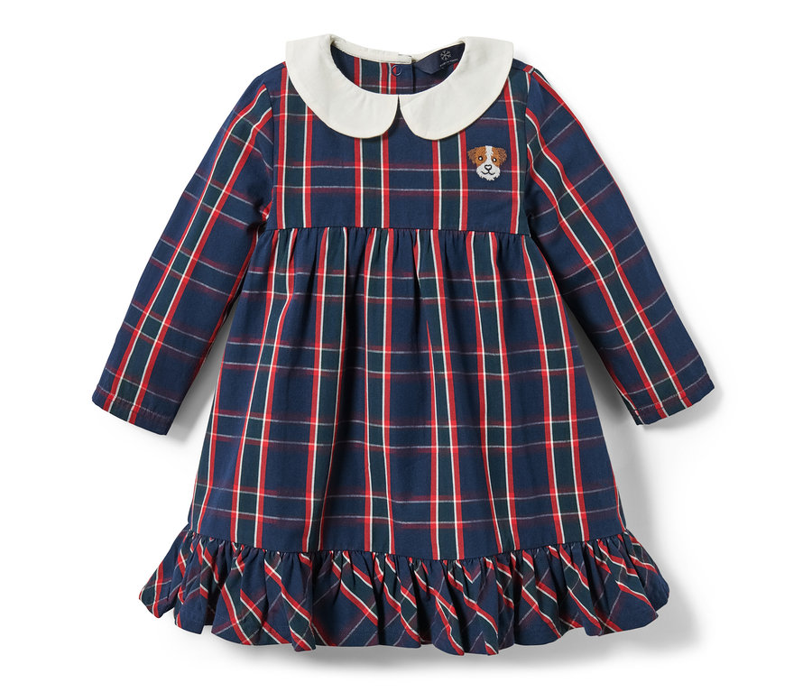Ein kariertes Baby-Webkleid mit weißem Rundkragen und Hundestickerei.
