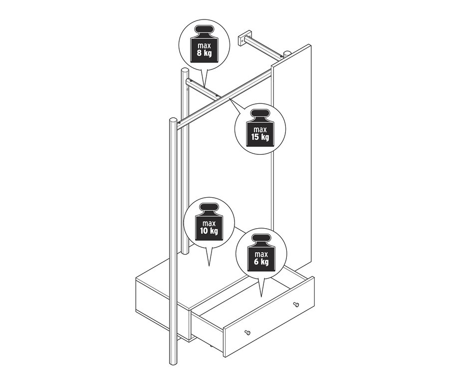Eine schematische Darstellung einer Garderobe mit einer offenen Schublade und Gewichtsangaben.
