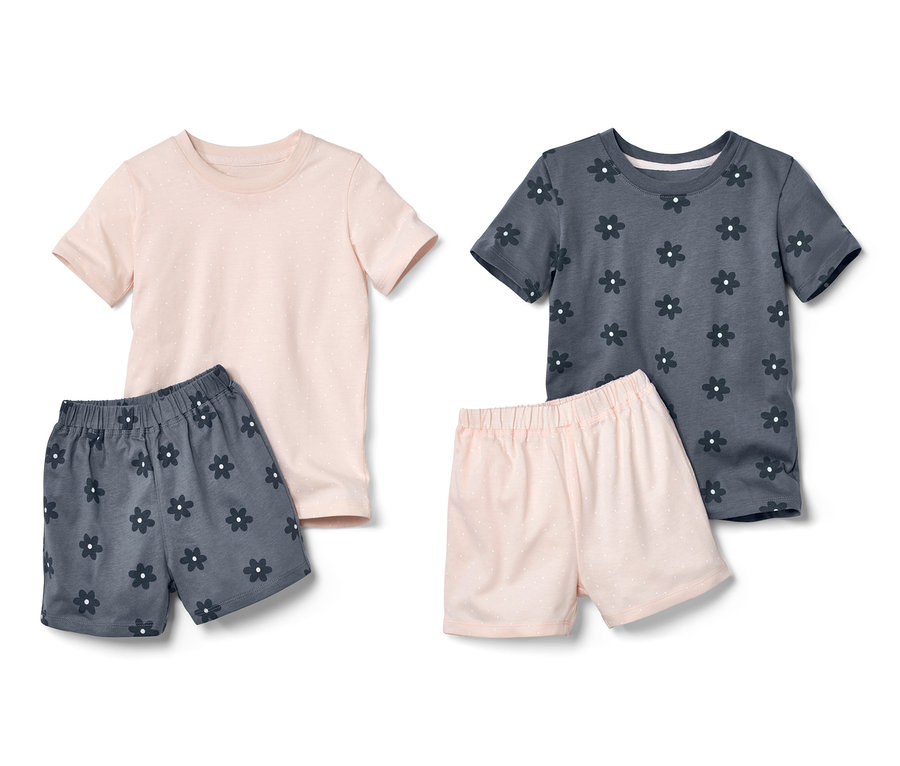 Zwei Sets mit je einem T-Shirt und Shorts. 2 Kleinkinder-Pyjamas.